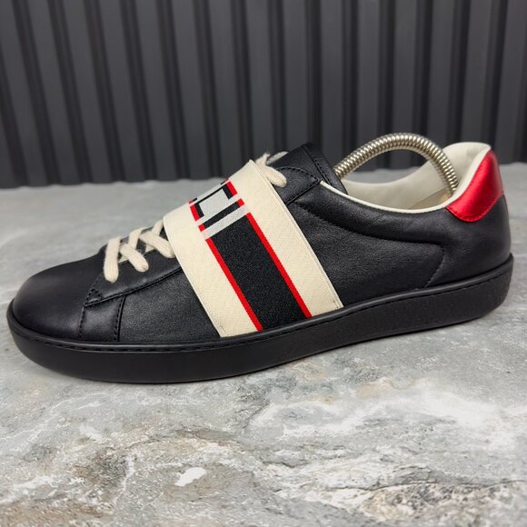 Gucci Ace Stripe Sneakers Black Leather 7.5 G or 8 US or 41.5 EUR - Picture 10 of 16